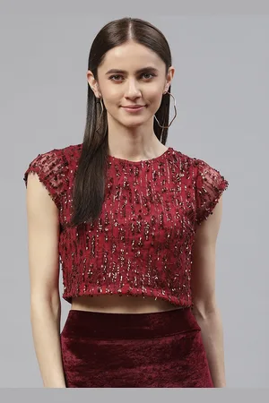 Pluss Women Red Poly Georgette Sequined Crop Top