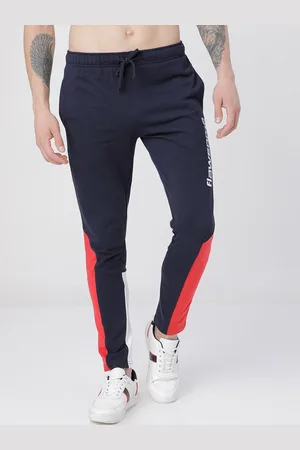 LocoMotive Men Navy Blue & Coral Red Colorblocked Slim-Fit Track Pants