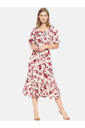 Campus Women Off-White & Pink Floral Print Midi A-Line Dress