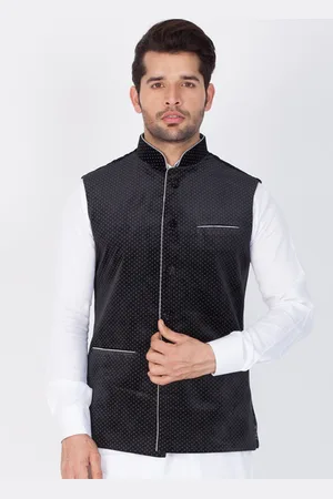 Vastramay Men Black Printed Velvet Nehru Jacket