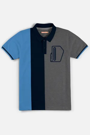 HELLCAT Boys Grey & Blue Polo Collar Bio Finish Regular Fit T-shirt