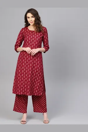 anayna Women Maroon & Golden Khari Print Kurta with Palazzos