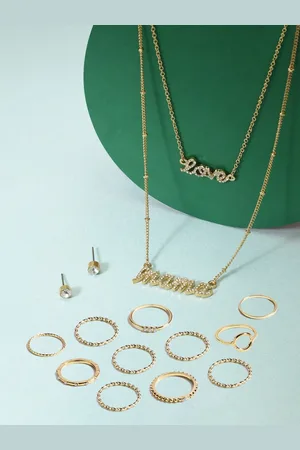 Ami Gold-Plated Layered Chain Necklace With Earrings & Rings Set