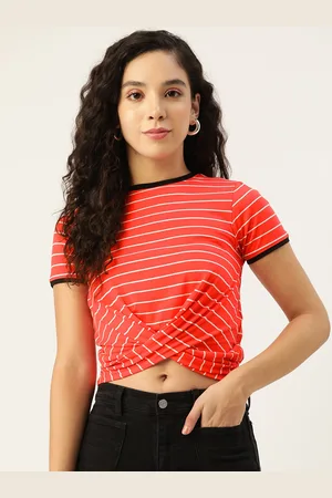 FEMEA Women Red & White Pure Cotton Striped Twisted Crop Top