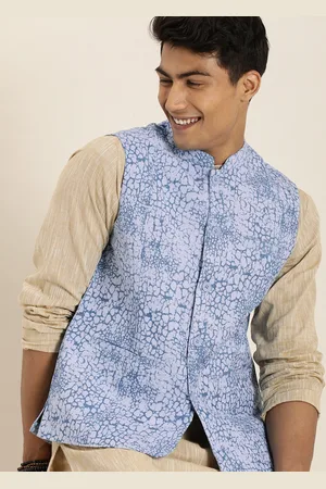 Taavi Men Blue Indigo Hand Block Print Nehru Jacket