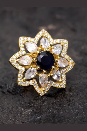 Bhana Fashion Women Gold Plated White & Navy Blue Handcrafted Finger Ring
