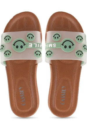 CASSIEY Women Brown & Green Printed Rubber Sliders