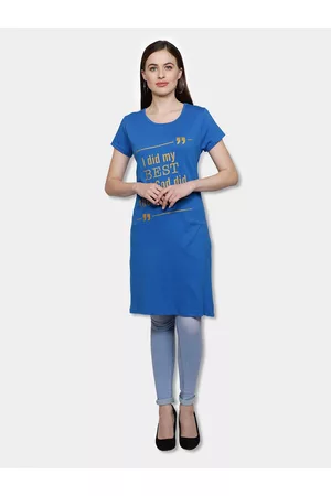 Fleximaa Women Blue Print Cotton Longline Top