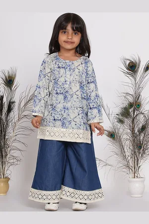 Little Bansi Girls Blue Ethnic Motifs Printed Pleated Pure Cotton Kurta with Skirt & With Dupatta