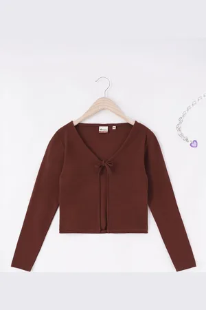 edheads Girls Brown Solid Tie-Up Cotton Shrug