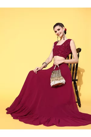 Inddus Women Enchanting Fuchsia Embellished Top with Solid Skirt