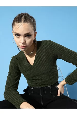 STREET 9 Women Lovely Olive Solid Cropped Top