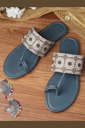 PANAHI Women Grey Embellished Open Toe Flats