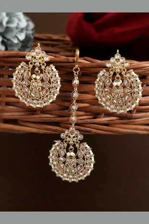 AQUASTREET Gold-Plated White & Pink AD Studded Earring & Maangtikka & Set