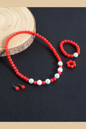 Golden Peacock Girls Red & White Beaded Jewellery Set