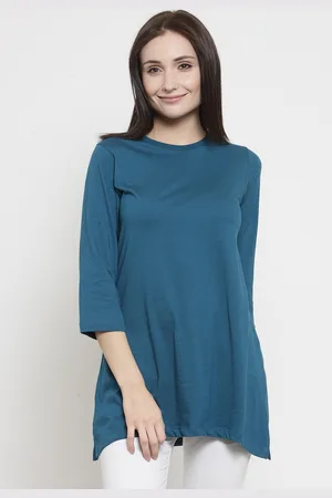Kalt Women Teal Solid Round Neck T-shirt
