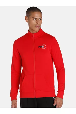PUMA Men Red Knitted Sports Logo Cotton Slim Fit Outdoor Sporty Jacket