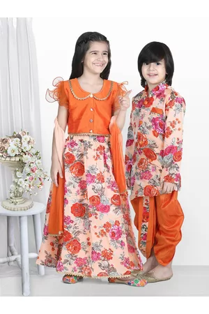 BownBee Boys Peach-Coloured & Orange Floral Printed Sherwani Set