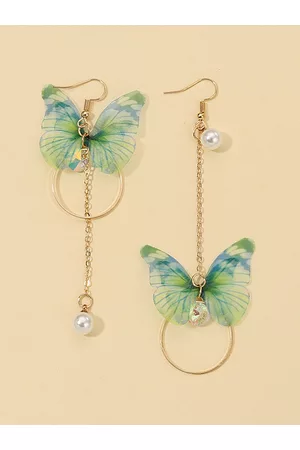 Yellow Chimes Women Green Butterfly Designed Dangle Drop Earrings