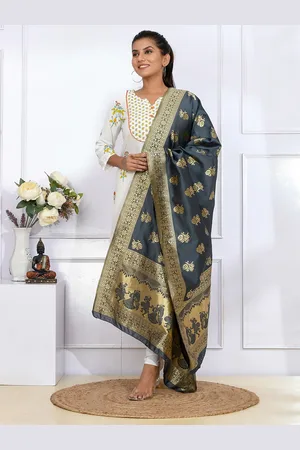 Kesarya Grey & Gold-Toned Ethnic Motifs Woven Design Pure Silk Dupatta With Zari