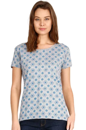 Fleximaa Women Grey Floral Printed Cotton T-shirt