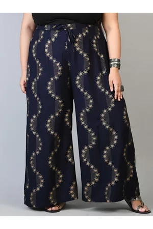 DesiNoor Women Plus Size Navy Blue & Gold-Toned Floral Printed Palazzos