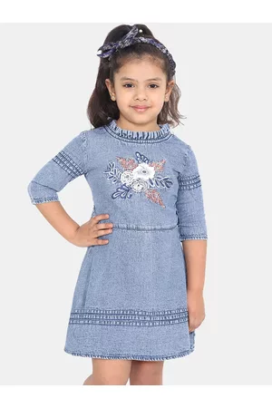naughty ninos Girls Blue Embroidered Denim Fit and Flare Dress