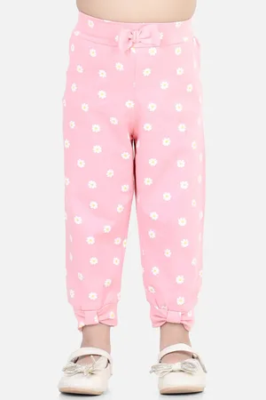 BownBee Girls Pink & White Floral Printed Cotton Joggers