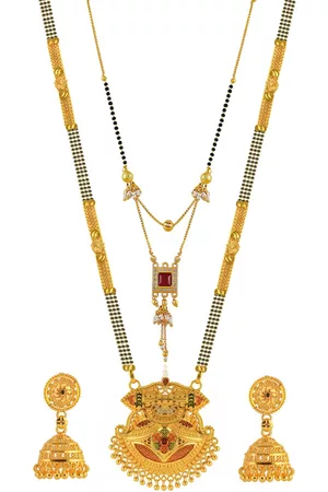 Brandsoon Set Of 2 White & Red Gold-Plated Studded Mangalsutra With Earrings