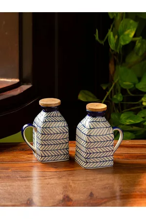 ExclusiveLane Set Of 2 Indigo Chevron Hand-Painted Ceramic Milk Water Jugs - 480 ML