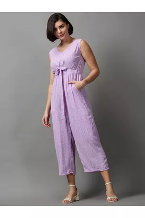 SHOWOFF Women Purple & White Printed V-Neck Sleeveless Basic Jumpsuit