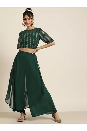 Juniper Women Green & Gold-Toned Printed Top with Palazzos