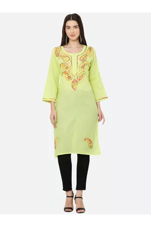 FAWOMENT Women Lime Green Paisley Embroidered Thread Work Cotton Kurta
