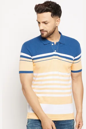 Duke Men Yellow & Blue Striped Polo Collar Cotton T-shirt