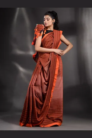 Arhi Women Brown & Pink Striped Pure Cotton Saree with blouse piece