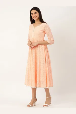 SWAGG INDIA Peach-Coloured & White Chikankari Georgette Ethnic A-Line Midi Dress