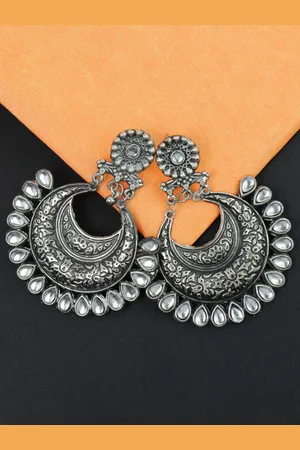 Krelin Silver Oxidised Crescent Shaped Chandbalis Earrings