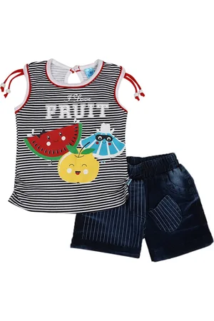 V-Mart Kids White & Red Printed Top with Denim Shorts