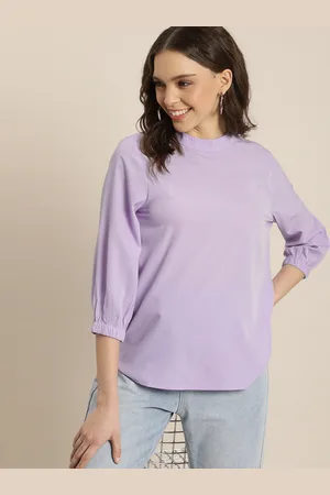 Invictus Women Lavender Solid Mandarin Collar Bishop Sleeves Top