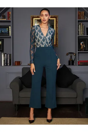 ATHENA Women Teal Basic Jumpsuit with Lace Inserts