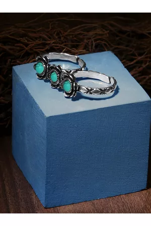 Adwitiya Collection Turquoise Blue Stone-Studded Adjustable Double Finger Ring