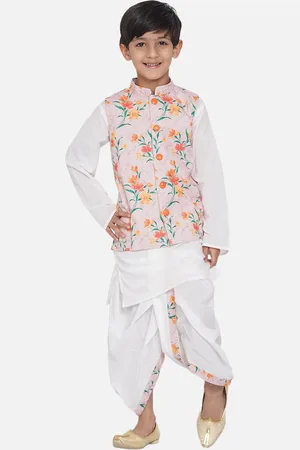 Little Bansi Boys Off-White & Pink Kurta with Dhoti Pants & Nehru Jacket