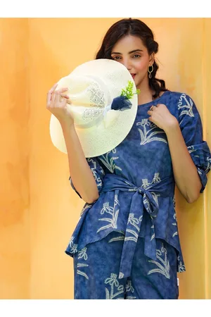 JISORA Women Blue & White Printed Pure Organic Cotton Co-Ords Set