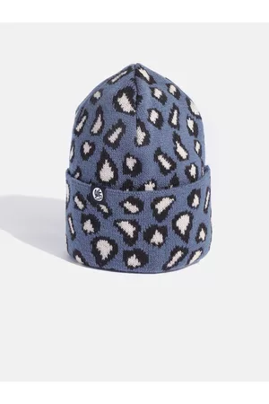 YK Girls Navy Blue & Off White Leopard Self-Design Beanie