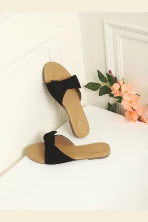 PANAHI Women Black Open Toe Flats with Bows