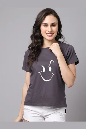 Friskers Women Grey Graphic Printed Cotton T-shirt