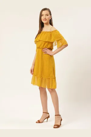 DODO & MOA Women Mustard Yellow Self Design Off-Shoulder A-Line Dress