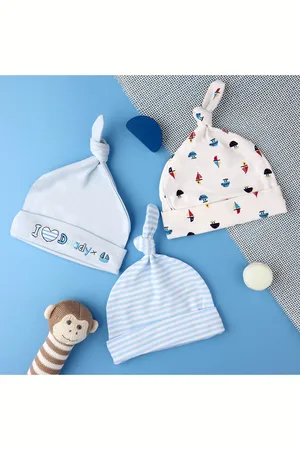 KICKS & CRAWL Boys Pack of 3 Blue & White Printed Cotton Beanie