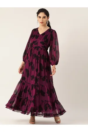 Antheaa Purple & Black Printed Tiered Maxi Dress