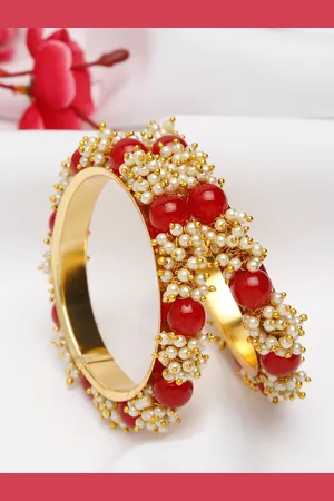 Shining Diva Set Of 2 Gold Plated Red Pearl Studded Bangle Set